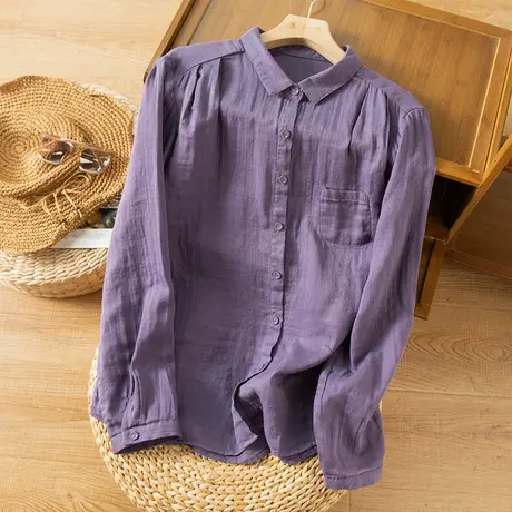 享永子全棉衬衫女文艺复古港味宽松显瘦纯色百搭上衣2023春夏新款商品大图