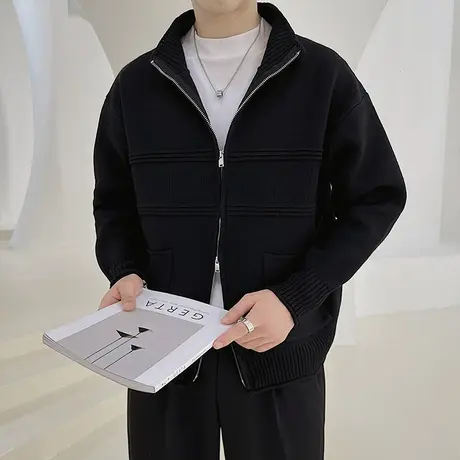 立领针织开衫外套男秋冬季休闲条纹毛衣夹克男纯色高级感线衣褂子商品大图