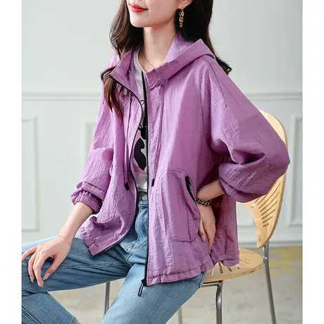 宝诗黎连帽宽松防晒外套女新款抽绳口袋上衣2023休闲纯色时尚秋装商品大图