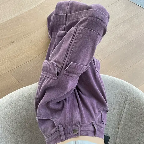 紫色美式复古工装牛仔裤女秋季新款多口袋宽松阔腿裤高腰休闲裤子图片