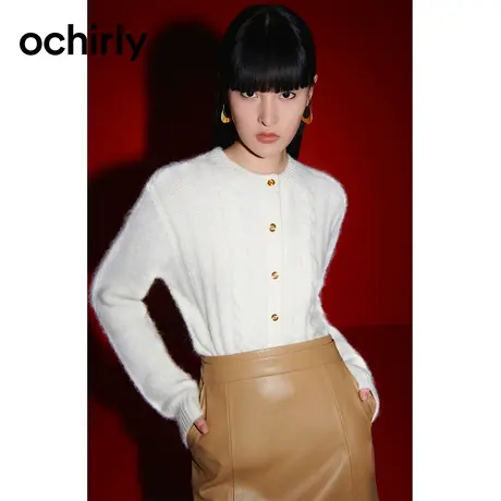ochirly欧时力 羊毛小香风针织开衫  新款春装复古麻花纹保暖外套商品大图