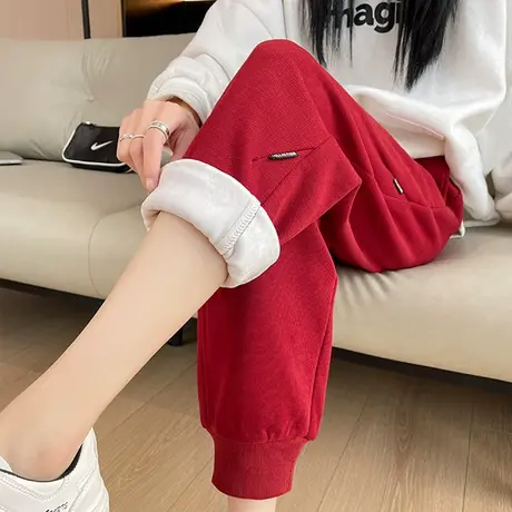 红色束脚运动裤女冬季新款高腰直筒宽松显瘦加绒加厚百搭休闲卫裤图片