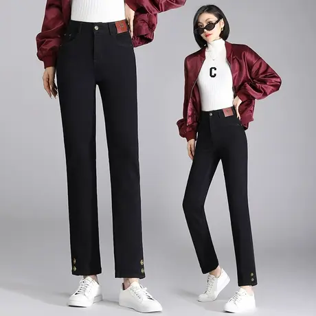抓绒牛仔烟管裤女秋冬高腰九分开叉直筒小黑裤小个子韩版休闲裤潮图片