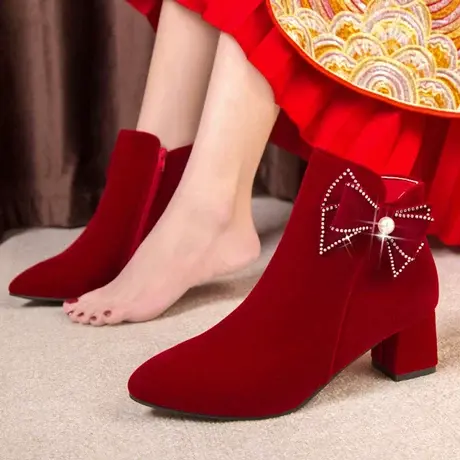 冬季婚鞋女2023新款粗跟结婚新娘鞋靴子中式秀禾服红色高跟鞋短靴商品大图