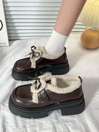 厚底英伦风加绒小皮鞋女鞋2023新款秋冬羊羔毛毛玛丽珍棉鞋乐福鞋商品大图