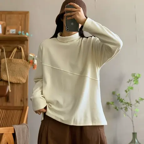 dza复古高领套头双面绒开叉T恤女秋冬内搭打底衫宽松漂亮长袖上衣商品大图