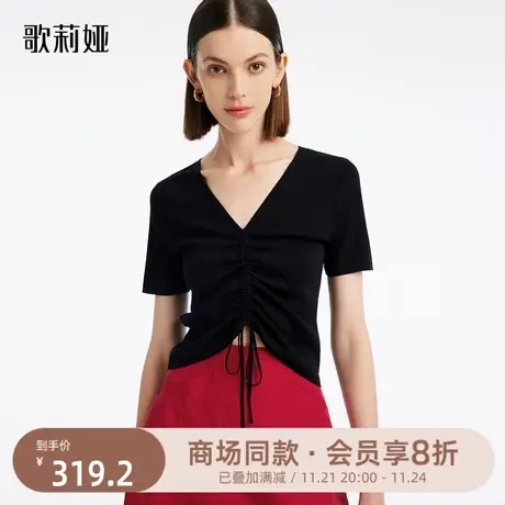 歌莉娅冰丝针织衫女夏装法式甜辣绑带黑色套头短款上衣1B4C5G090图片