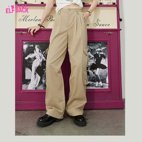 妖精的口袋卡其色工装裤女2023春秋新款长裤宽松直筒阔腿休闲裤子图片