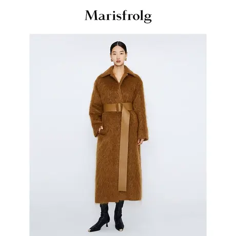 【商场同款】玛丝菲尔毛呢外套冬季新款褐色平驳领马海毛大衣女图片