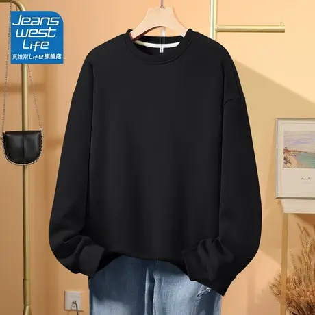 真维斯LIFE黑色圆领卫衣女春秋款2023新款oversize秋季穿搭外套女商品大图