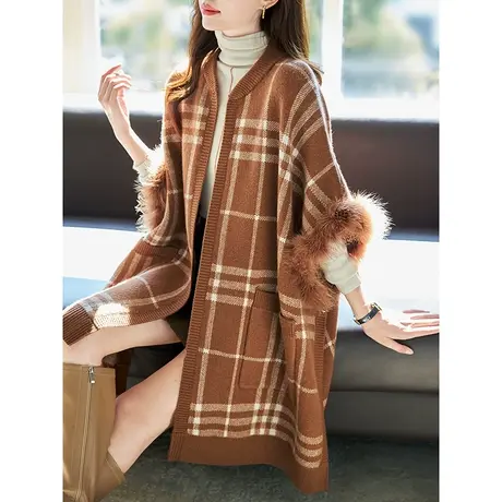 宝诗黎圆领五分蝙蝠袖中长格子针织外套2023冬季新款小众披肩上衣商品大图