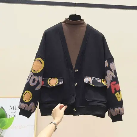 欧货新款复古宽松字母印花外套女装撞色加绒开衫设计感夹克上衣潮图片