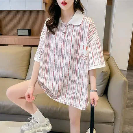 翻领polo衫短袖t恤女夏季韩版宽松大码女装中长款小个子条纹上衣图片