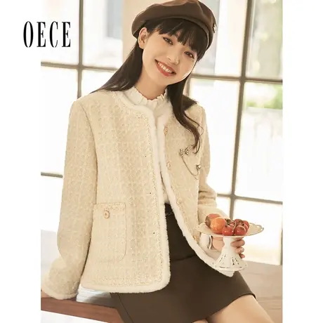 Oece气质小香风外套冬季新款女装韩版甜美毛呢外套图片