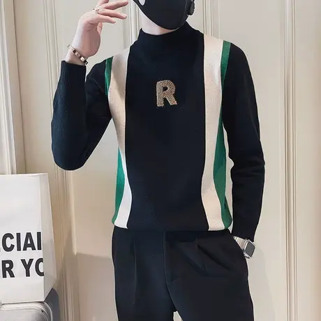 2024秋季拼色条纹半高领毛男士修身百搭秋冬款针织衫个性ins潮流商品大图