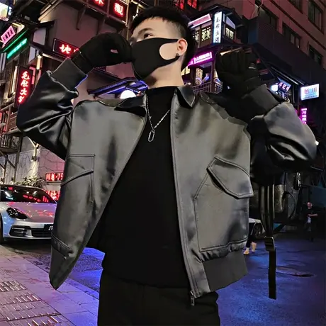 秋冬季时尚休闲纯色工装口袋夹克简约学生青少年翻领外套男士上衣商品大图