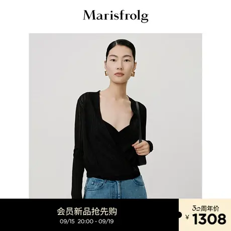 【真丝轻工艺】玛丝菲尔2023年秋季新款黑色V领交叠式镂空针织衫商品大图