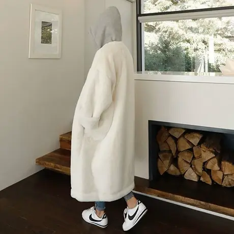 冬季新款仿兔毛连帽中长款棉衣女加厚保暖棉服韩版宽松棉袄外套潮商品大图