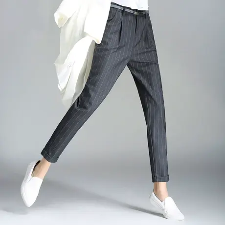 丽洁女裤春秋西装裤女新款竖条纹西裤高腰九分裤小脚哈伦裤休闲裤商品大图