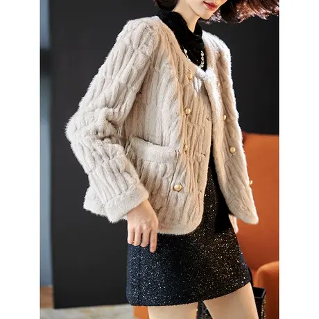 宝诗黎圆领双排扣貂绒短外套女冬季2023年新款仿皮草时尚毛毛上衣图片