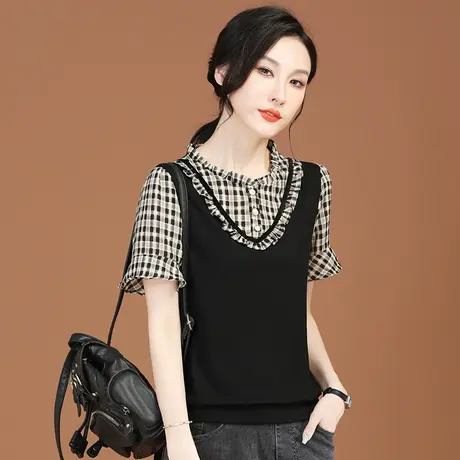 韩潮袭人拼接假两件格子黑色短袖t恤女2024夏装新设计感小众体恤商品大图