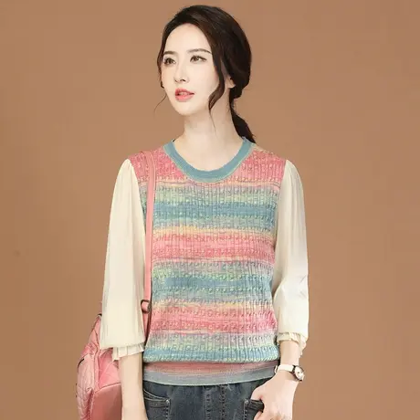 韩潮袭人多巴胺渐变色假两件长袖针织衫女2023秋新款宽松套头毛衣图片