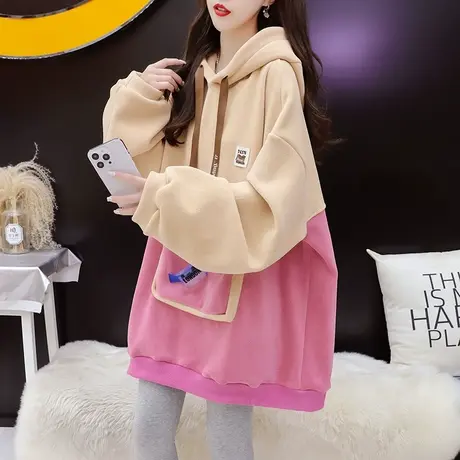加绒加厚连帽卫衣女中长款2023新款秋冬季爆款洋气宽松设计感外套商品大图