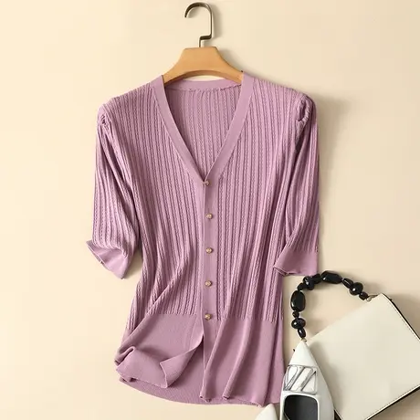 冰丝针织开衫女中袖春夏2024年新款短款宽松显瘦薄款打底衫女上衣图片