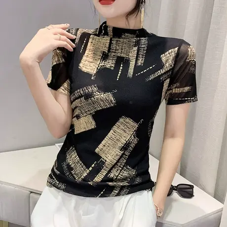 网纱半高领打底衫女短袖2024年新款撞色印花上衣洋气漂亮别致T恤商品大图