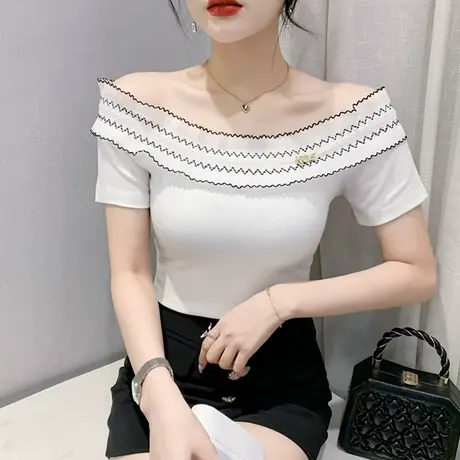一字领短袖女装时尚性感露肩上衣复古气质木耳边T恤显瘦修身小衫商品大图
