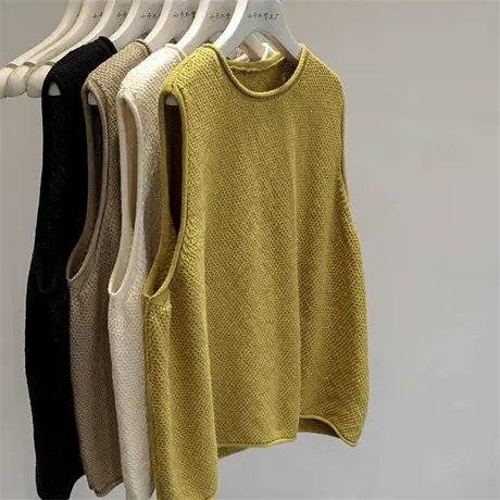 小众高货！春季新款显气质宽松针织马甲圆领纯色无袖外搭背心图片