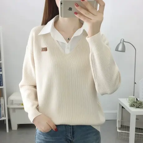 假两件毛衣女秋装2025年新款加绒百搭女士针织打底衫宽松洋气上衣商品大图