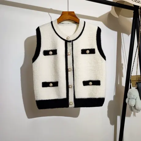 仿水貂绒毛衣马甲开衫女秋冬新款小香风短款针织背心坎肩上衣外套商品大图