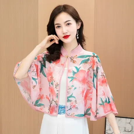 旗袍斗篷披肩女夏雪纺小碎花复古斗篷披风上衣外搭防晒开衫女薄款图片