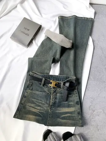 复古做旧薄绒牛仔喇叭裤女2023冬季新款显瘦百搭高腰弹力包臀长裤商品大图