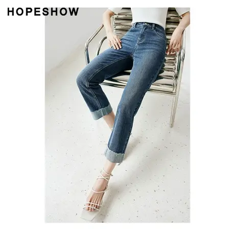 红袖outlets翻边牛仔裤hopeshow2023夏季新款女装遮肉显瘦烟筒裤商品大图