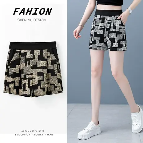 冰丝雪纺短裤女秋薄款2022新款高腰宽松a字外穿运动休闲阔腿热裤商品大图