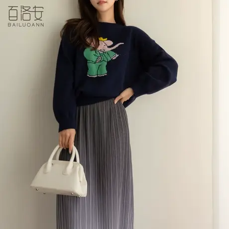 百洛安撞色卡通小象针织衫女百搭套头衫春装新款宽松圆领长袖毛衣图片