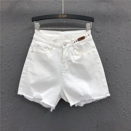 白色简约休闲牛仔短裤女2023夏季新款破洞毛边高腰时尚阔腿裤热裤图片