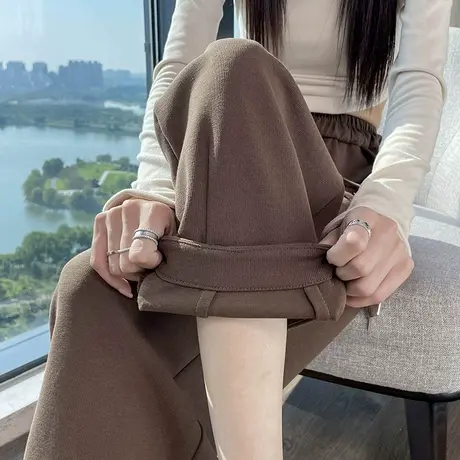 咖色阔腿裤女春秋季2024新款高腰垂感宽松小个子九分直筒休闲卫裤图片