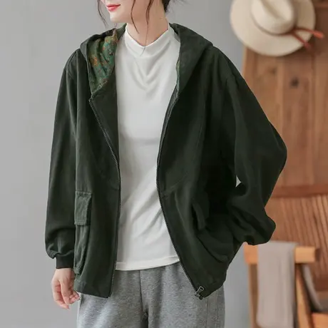 dza 复古宽松连帽工装外套女士春秋新款百搭防风夹克短款长袖上衣图片