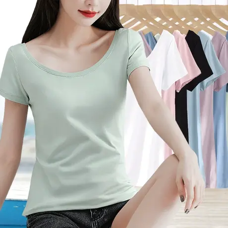 净版基础款短袖t恤女夏低圆领修身内搭打底衫纯棉大领口外穿上衣图片