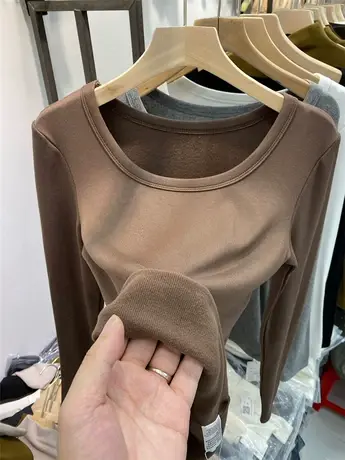 欧货低圆领锁骨加薄绒螺纹长袖T恤女2022秋冬新款内搭打底衫上衣图片