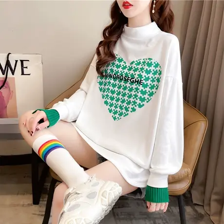 半高领长袖t恤女秋冬韩版宽松加绒加厚德绒内搭假两件上衣打底衫商品大图