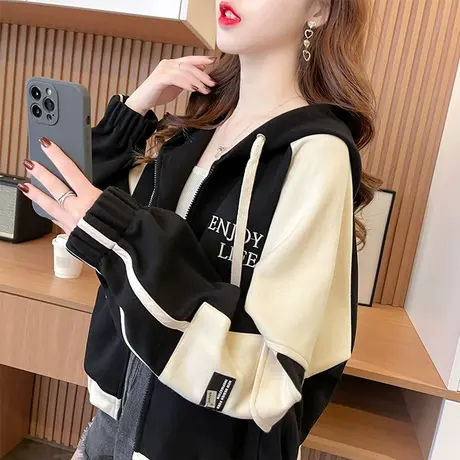 小个子短款卫衣女春秋季韩版宽松设计感小众薄款拼色连帽开衫外套商品大图