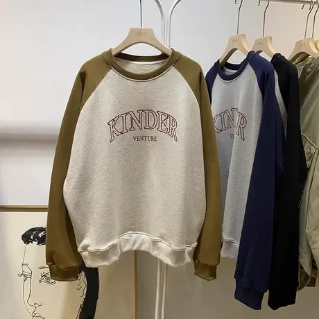 撞色拼接字母印花圆领卫衣女春秋季薄款宽松百搭插肩长袖上衣外套图片