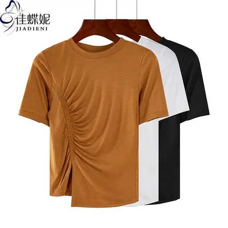 夏季新款圆领修身开叉纯欲褶皱纯棉纯色短袖体恤上衣内搭女打底衫商品大图