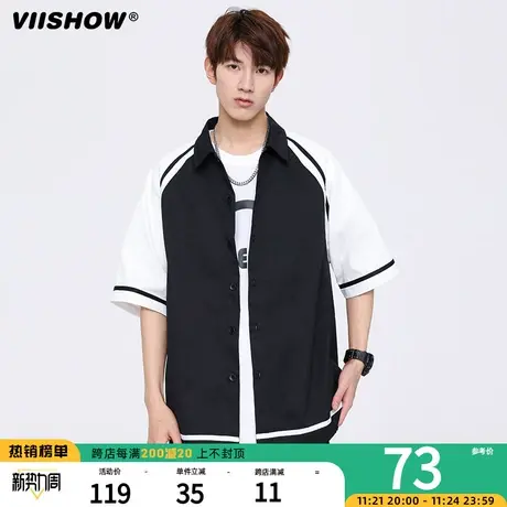 VIISHOW夏季美式衬衫男女潮牌酷丝绵撞色宽松情侣翻领上衣外套商品大图