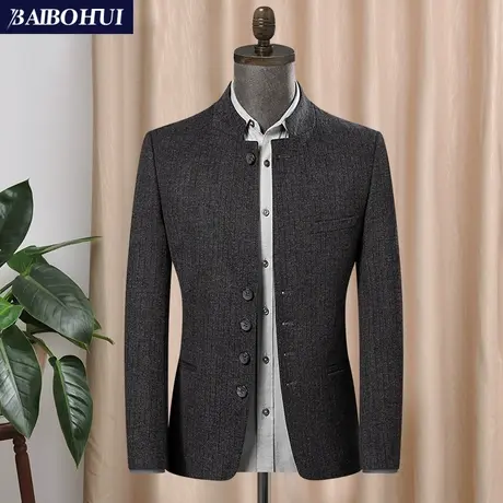 秋季西装男士修身休闲商务中华立领中山装青中年冬毛呢子单件外套图片
