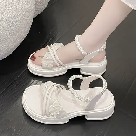 温柔珍珠厚底仙女风凉鞋女配裙子2023夏季新款时尚百搭松糕罗马鞋商品大图